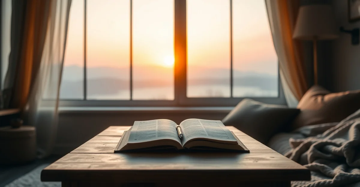 an open journal on a wooden desk with morning light