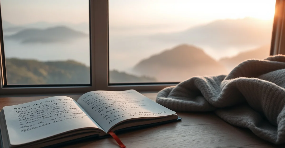 an open journal on a wooden desk with morning light