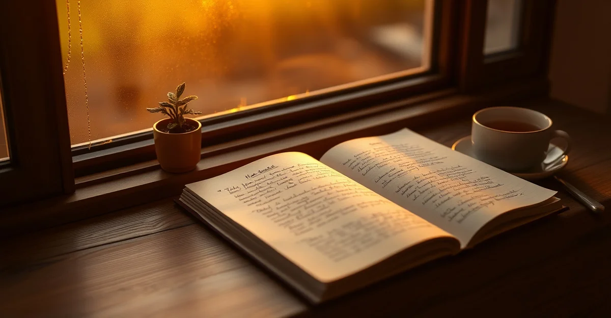 an open journal on a wooden desk with morning light