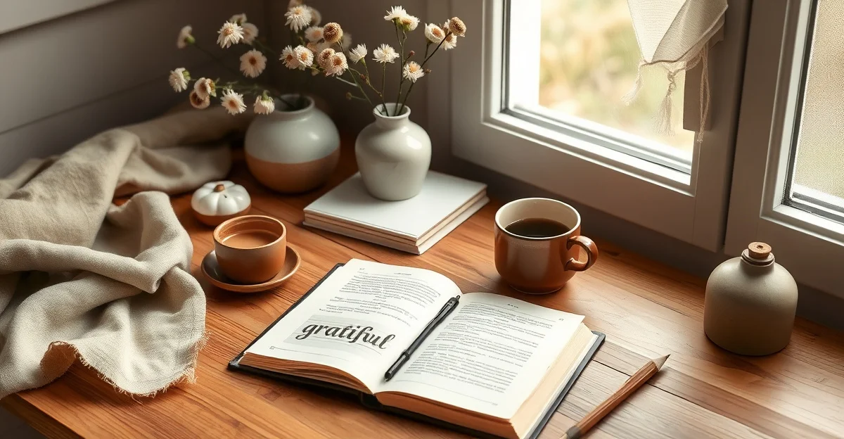 a journal open beside a warm cup of tea with soft light