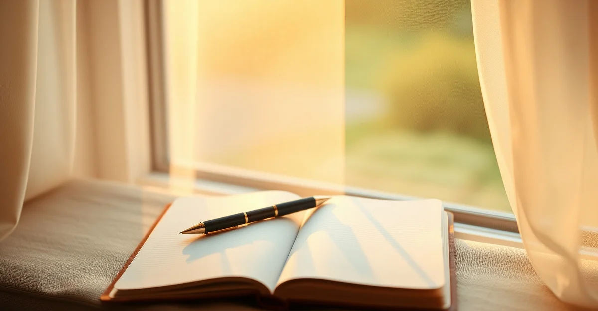 an open journal on a wooden desk with morning light
