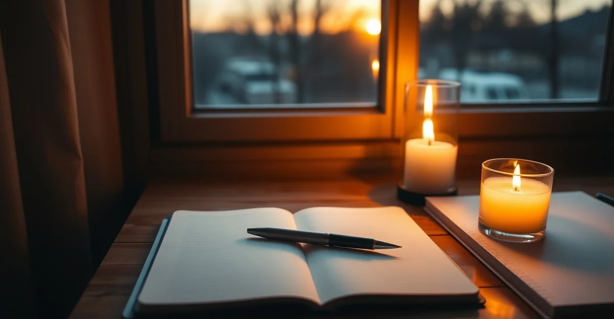 an open journal on a wooden desk with morning light