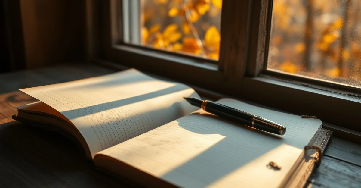an open journal on a wooden desk with morning light