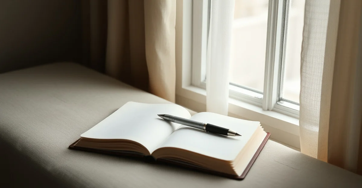 an open journal on a wooden desk with morning light