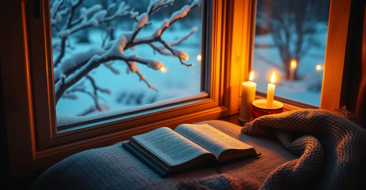 snow-covered branches with warm light from a distant window