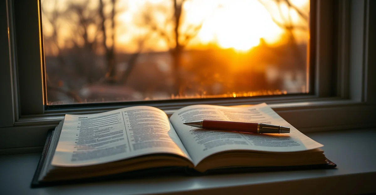an open journal on a wooden desk with morning light