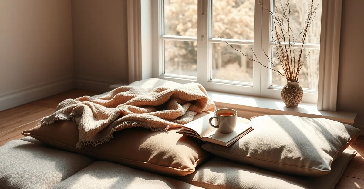 a cozy reading nook with warm blankets and steaming tea