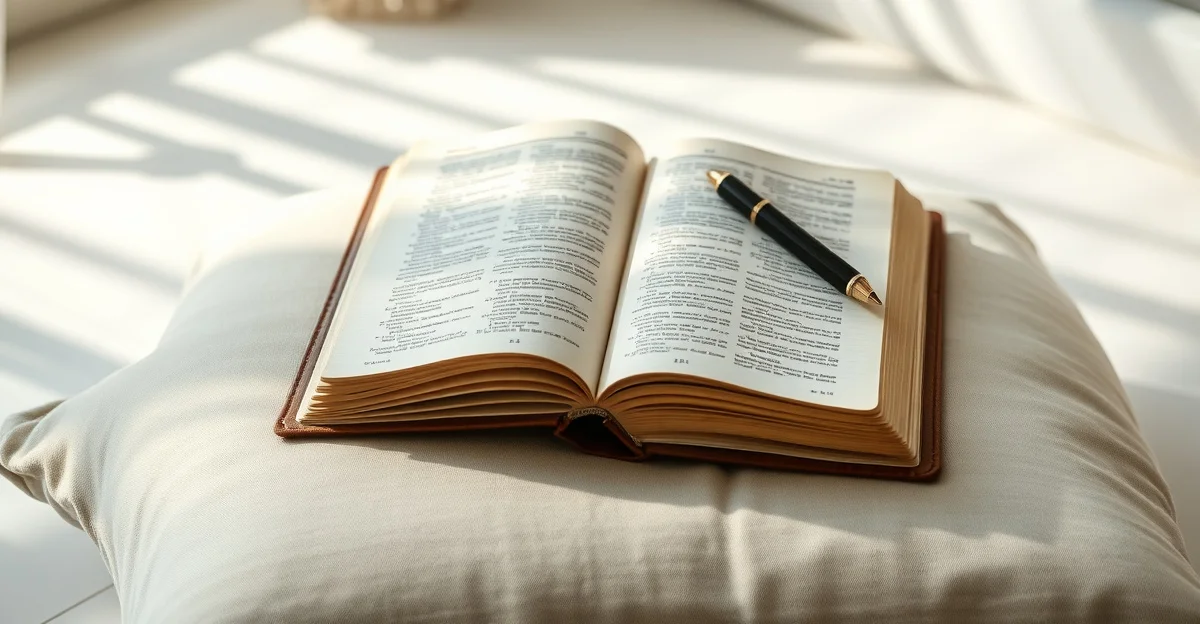 a notebook beside a warm cup of tea on a wooden table