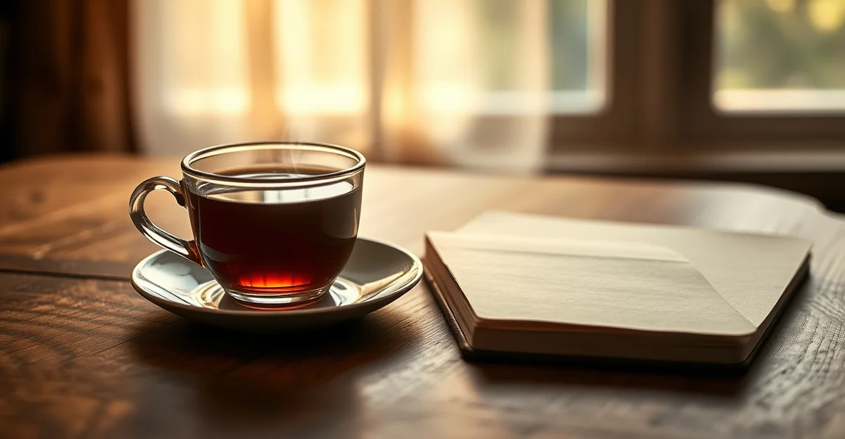 an open journal on a wooden desk with morning light