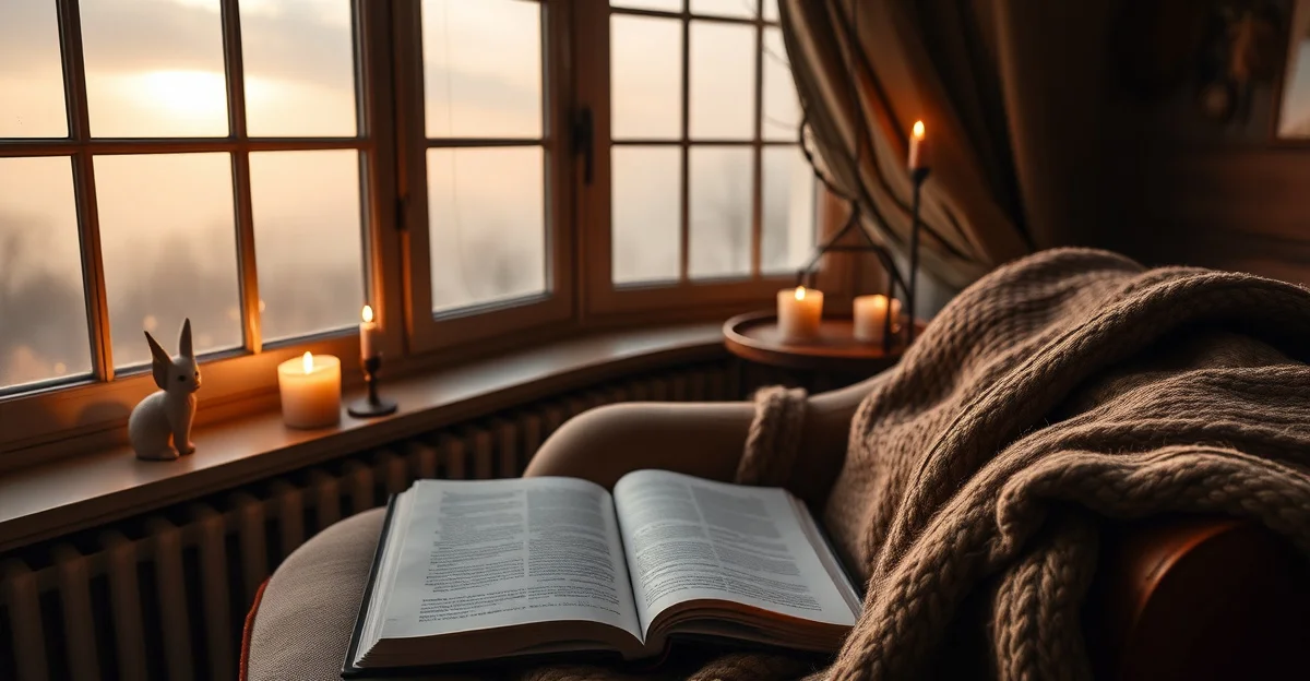 a cozy reading nook with warm light and soft blankets