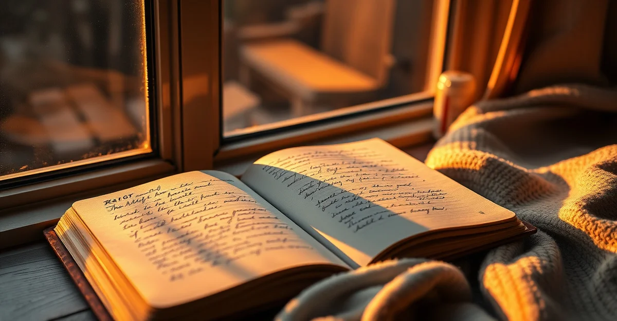 an open journal on a wooden desk with morning light