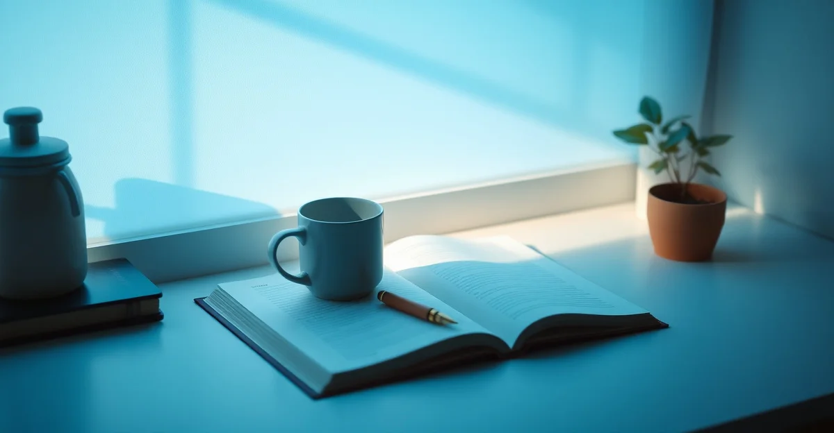 a notebook and pen rest on a bedside table, soft morning light nearby