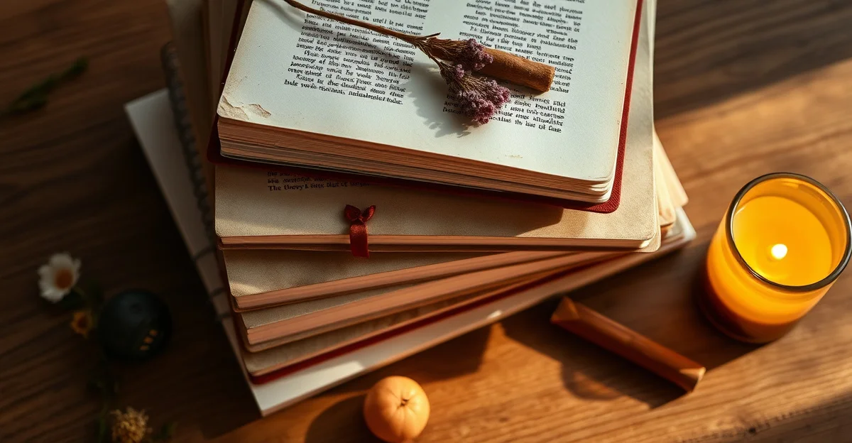 a warm cup of tea steams beside an open journal in soft lamplight
