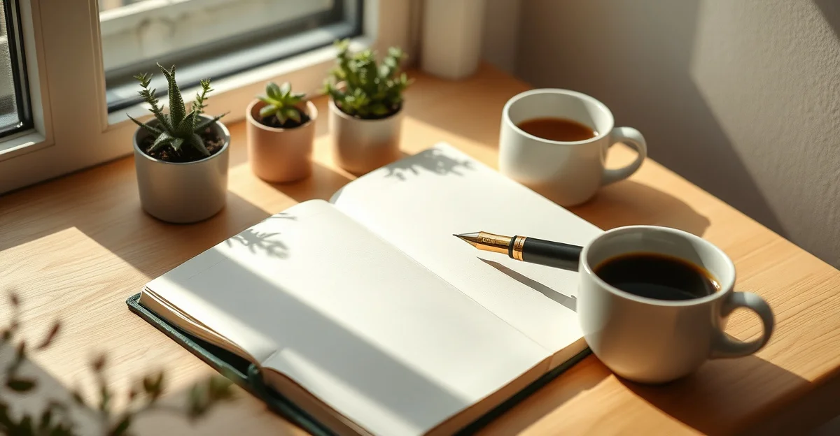 a person writing in a journal by a window with soft natural light