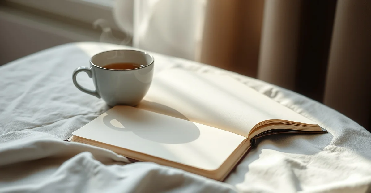 an open journal on a wooden desk with morning light