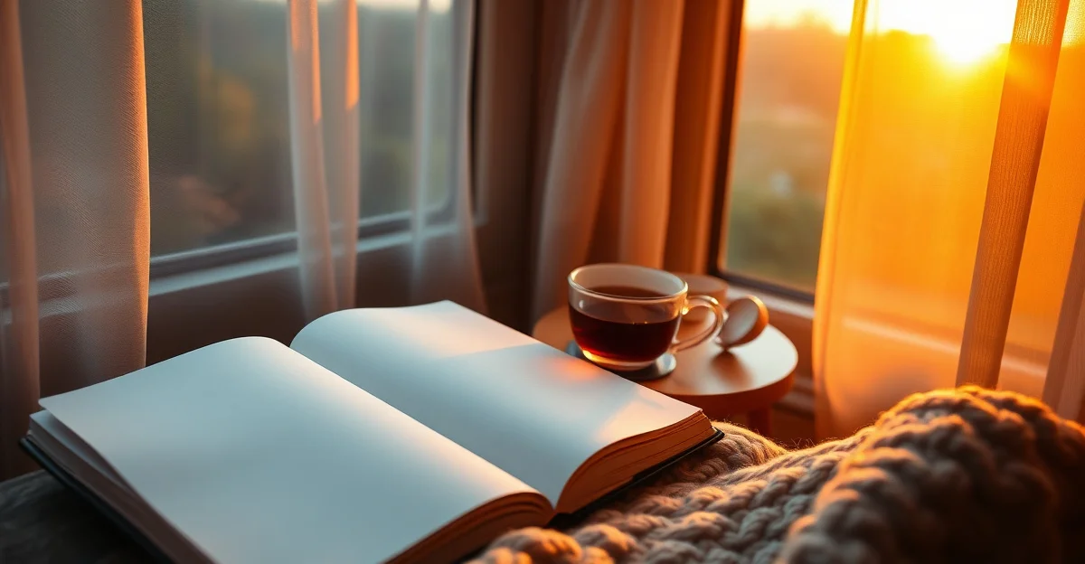 An open journal on a wooden desk with morning light
