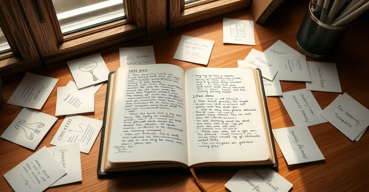 an open journal on a wooden desk with morning light