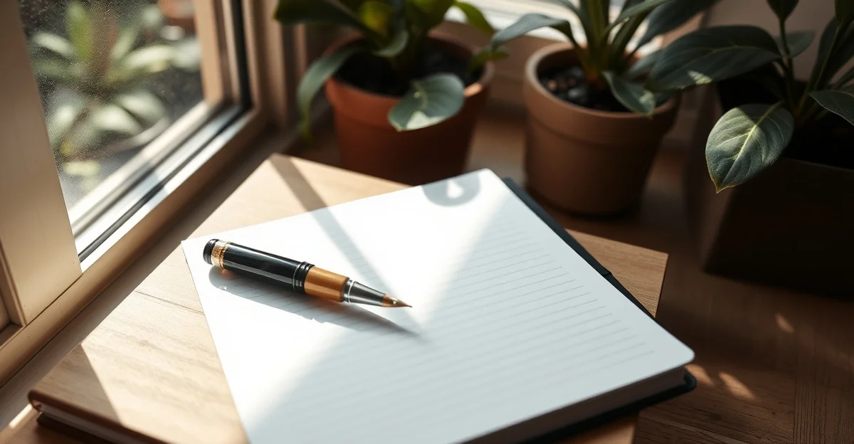 an open journal on a wooden desk with morning light