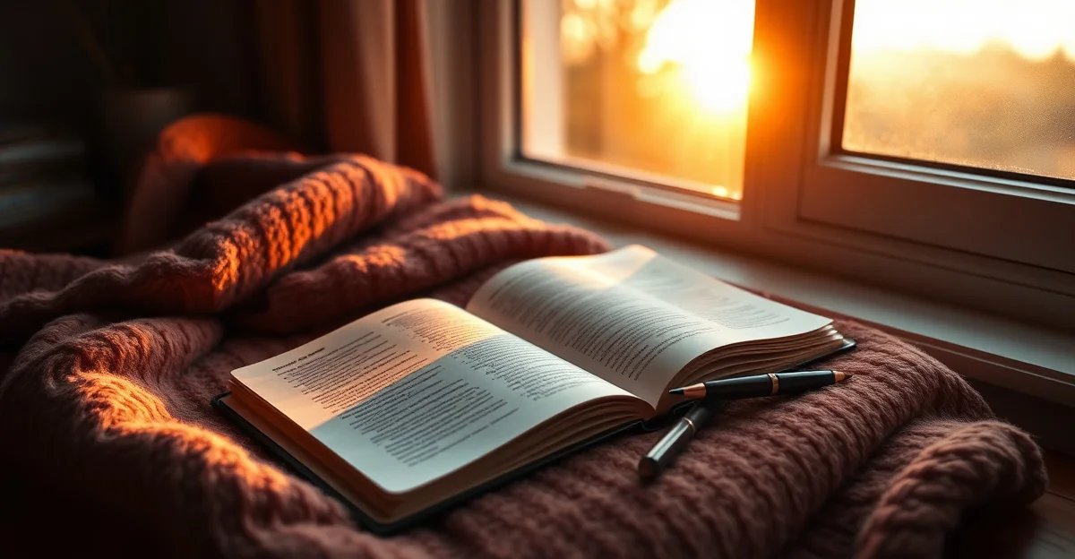 an open journal on a wooden desk with morning light