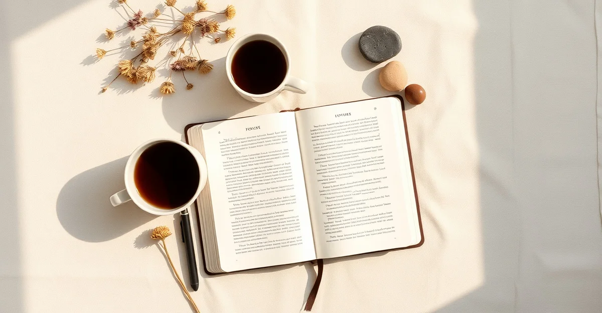 a calm workspace with warm lighting and a cup of tea