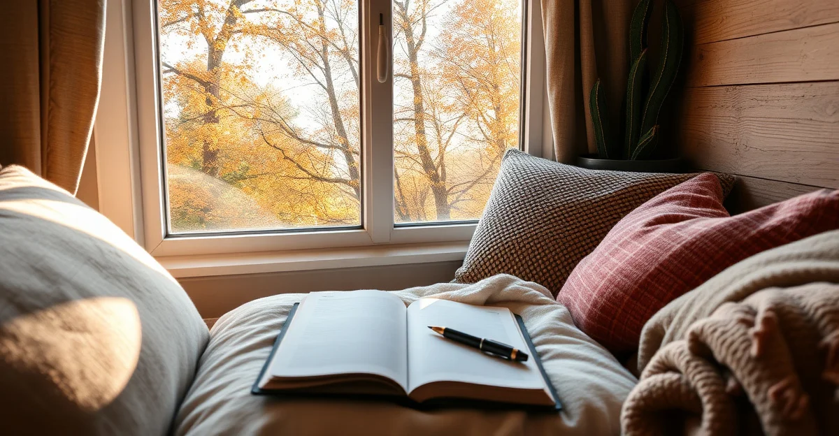 an open journal on a wooden desk with morning light streaming across the pages