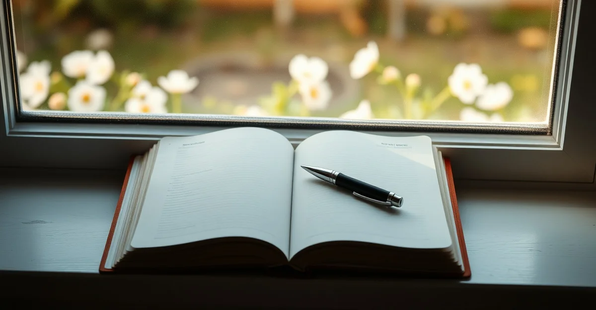 an open journal on a wooden desk with morning light