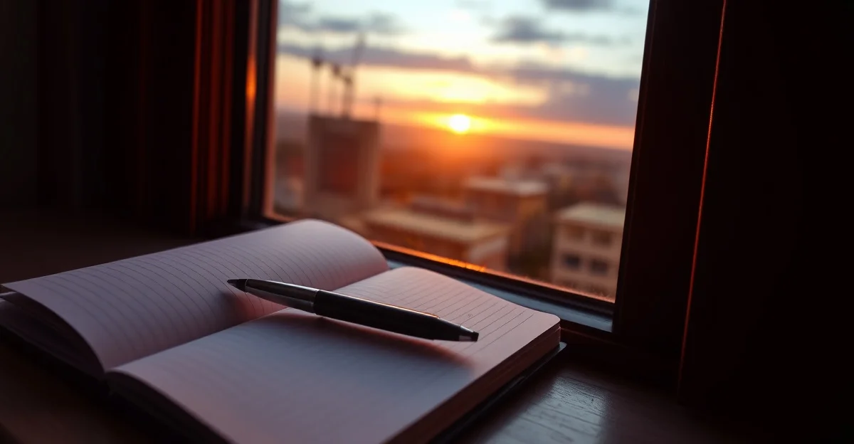 an open journal on a wooden desk with morning light