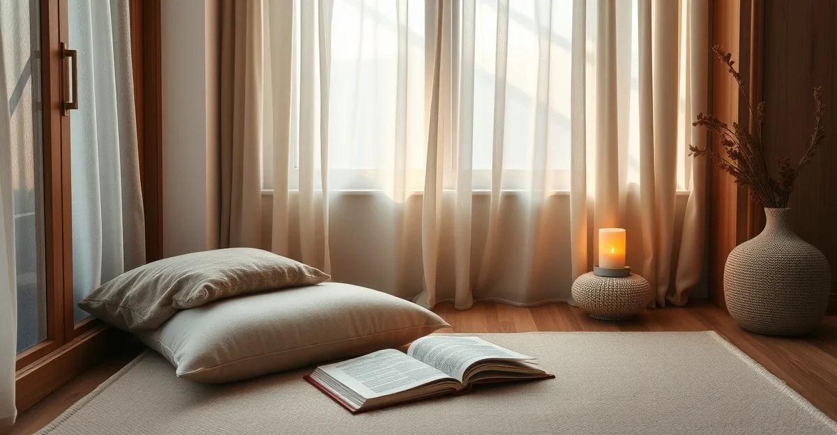 a cozy reading corner with warm blankets and tea