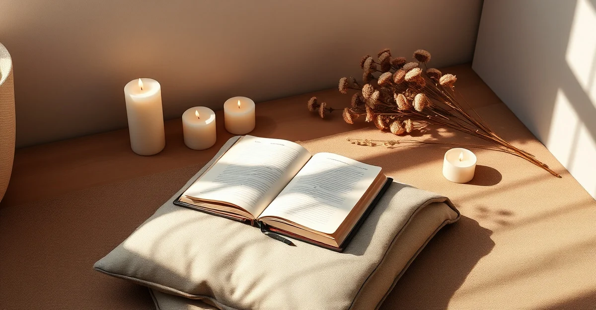 an open journal with a pen on a wooden desk with morning light