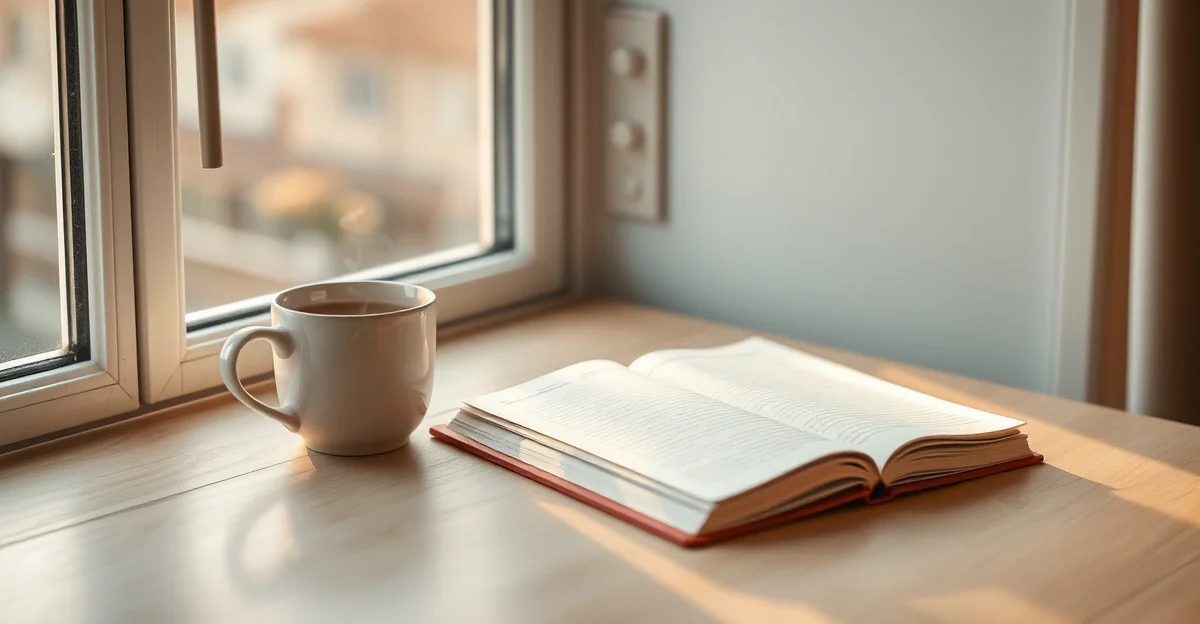 an open journal on a wooden desk with morning light