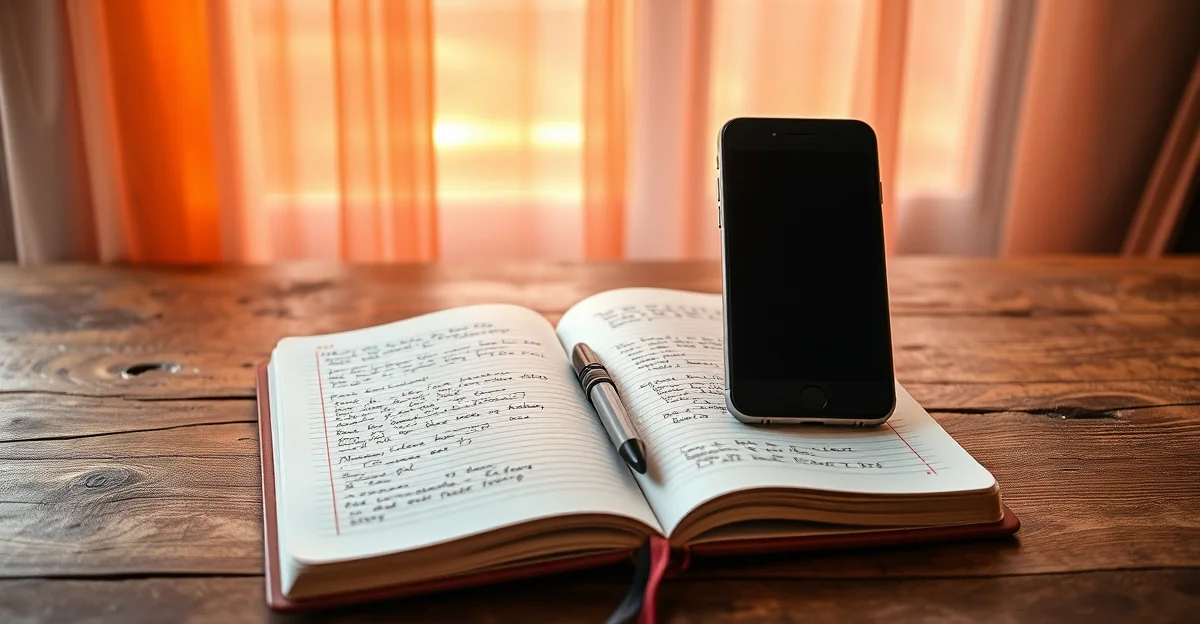 a journal and smartphone resting side by side on a bedside table