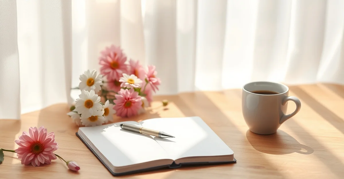 an open journal on a wooden desk with morning light