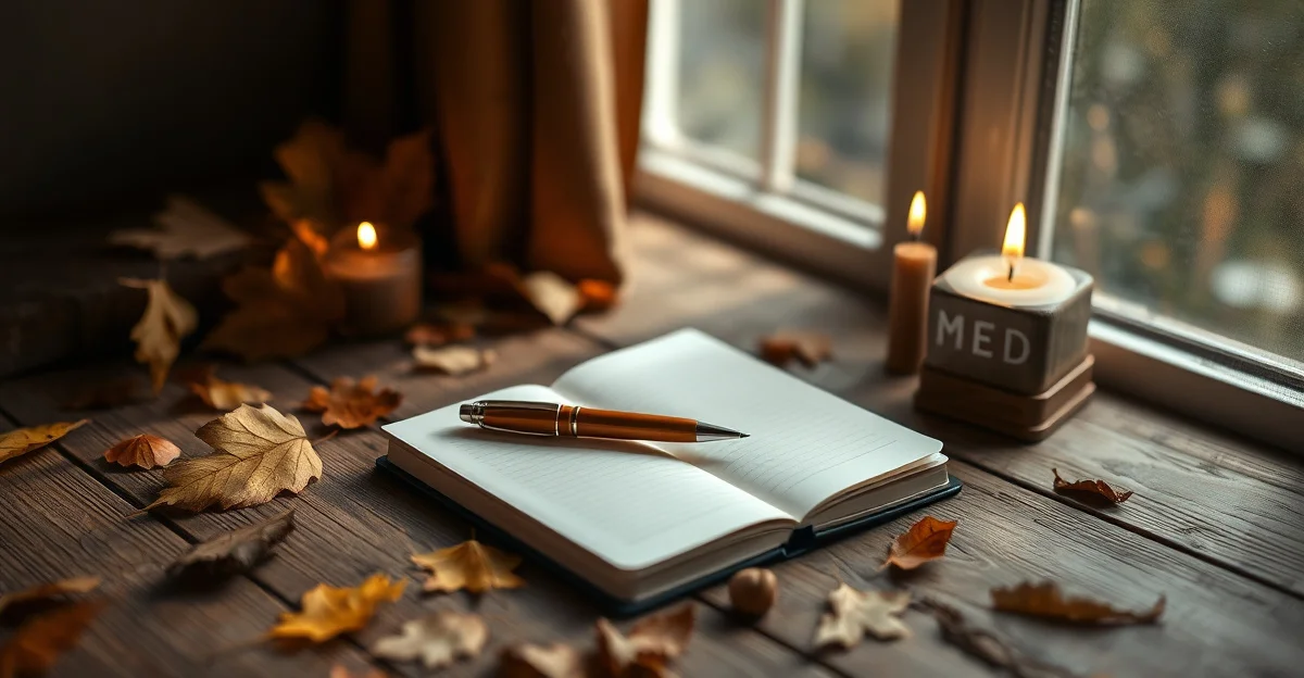 an open journal on a wooden desk with morning light