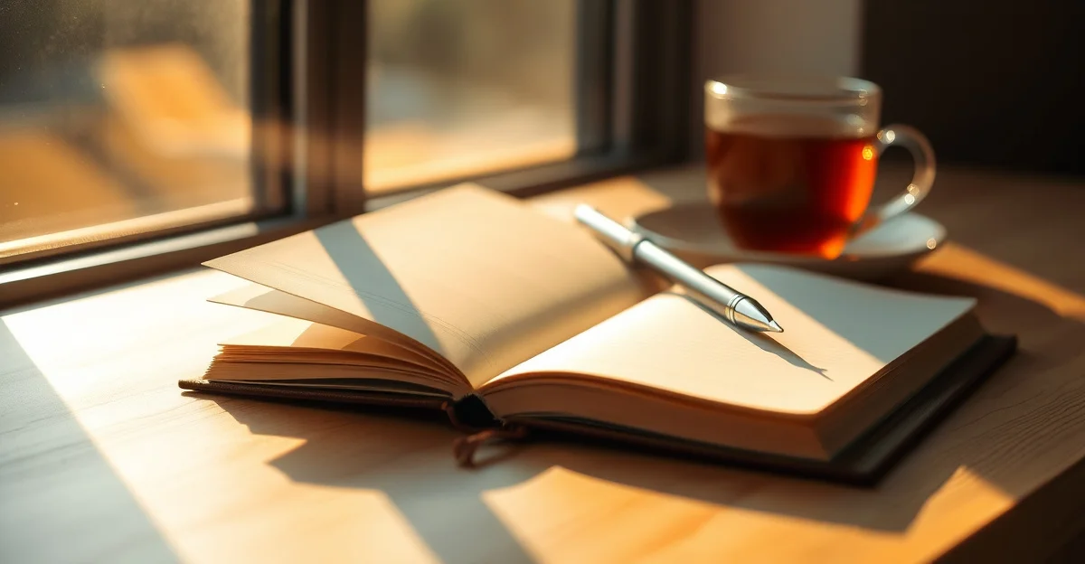 an open journal on a wooden desk with morning light