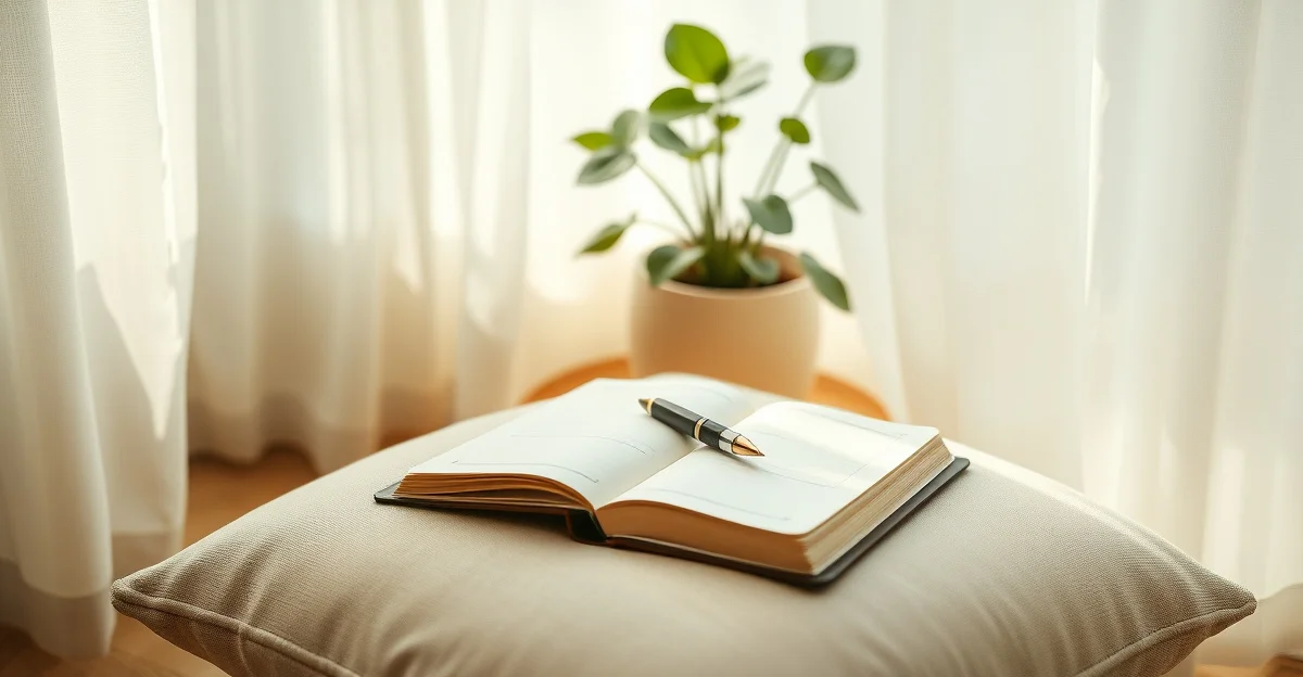 an open journal on a wooden desk with morning light