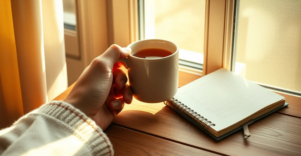 an open journal on a wooden desk with morning light