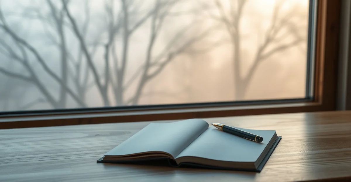 an open journal on a wooden desk with morning light