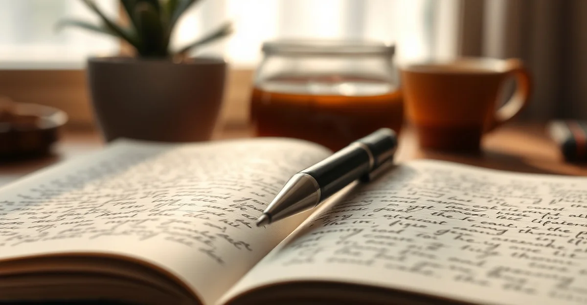 an open journal on a wooden desk with morning light