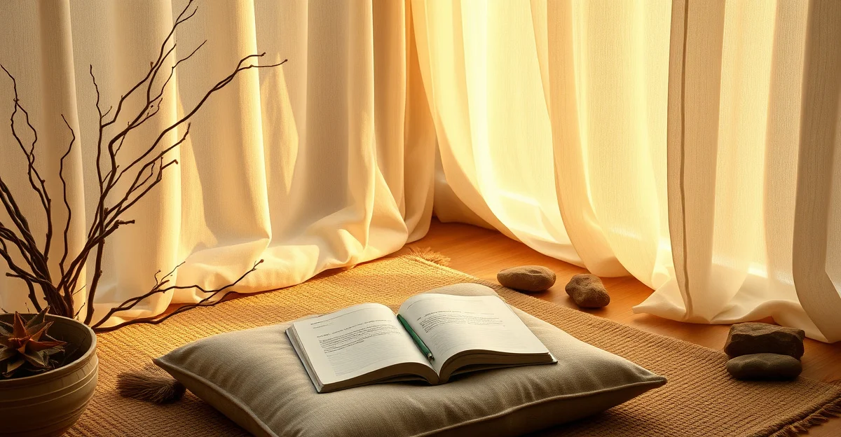 a cozy reading nook with warm light and an open book