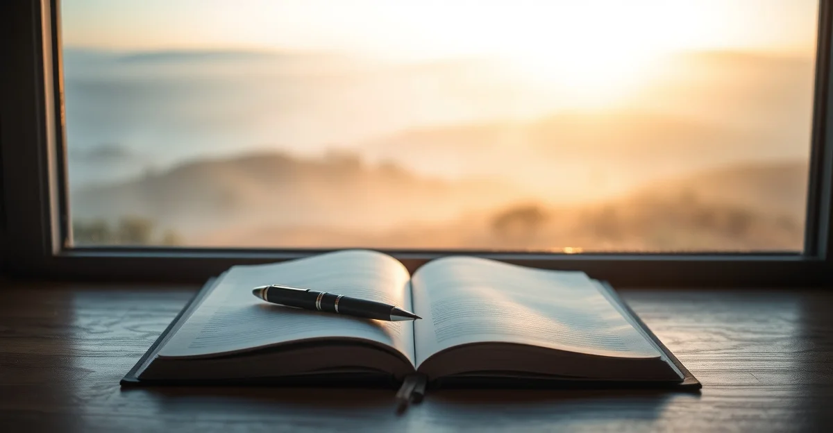 an open journal on a wooden desk with morning light