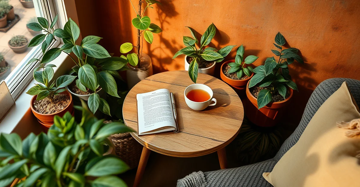 a warm mug of tea next to an open journal