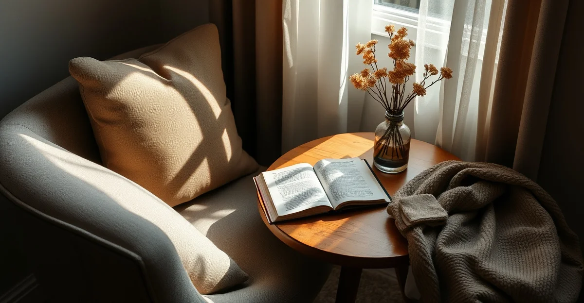 a cozy reading corner with warm blankets and tea