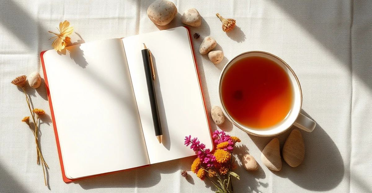 a cozy corner with a warm cup of tea and an open notebook