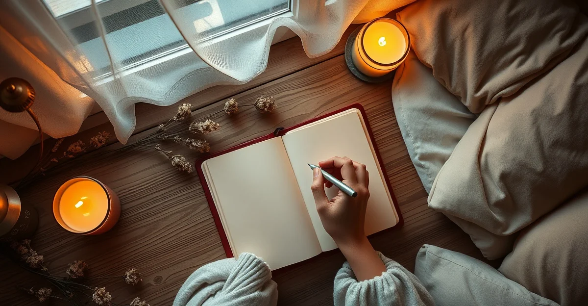 an open journal on a bedside table with soft lamplight