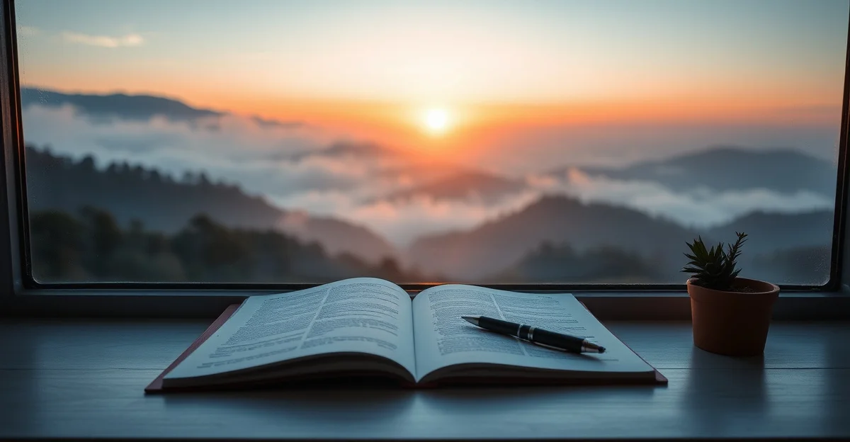 an open journal on a wooden desk with morning light