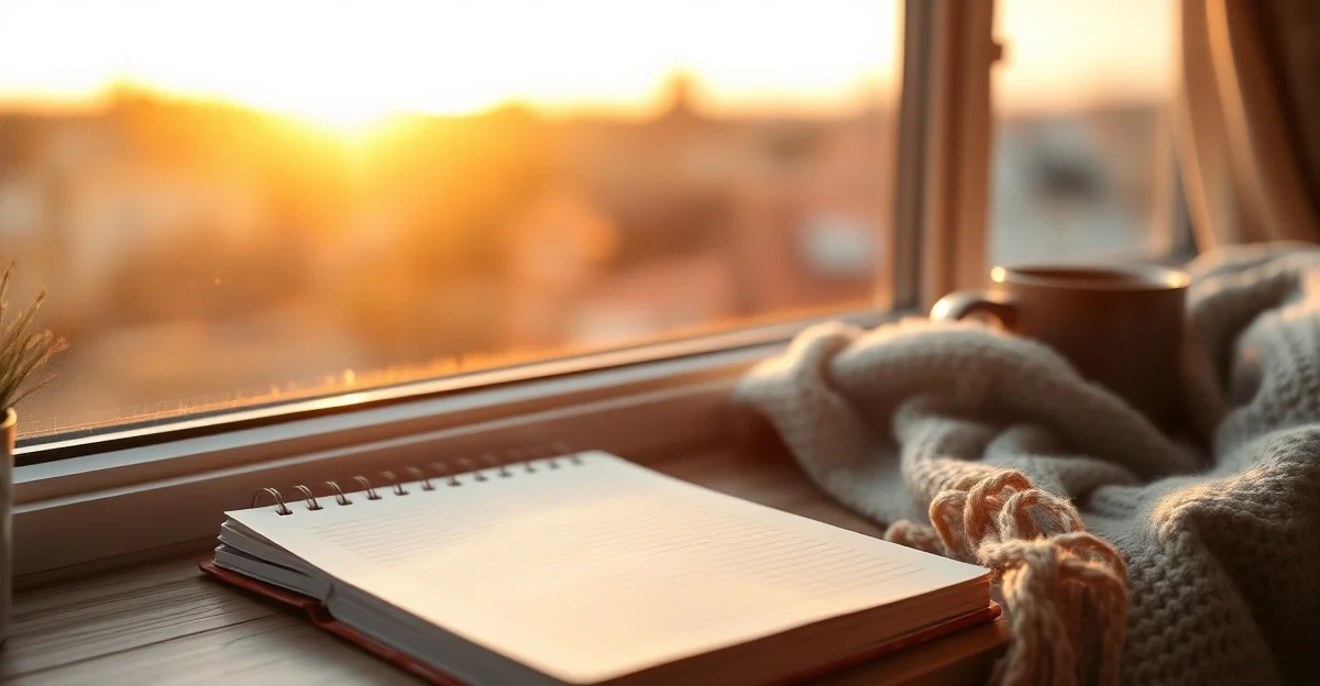 an open journal on a wooden desk with morning light