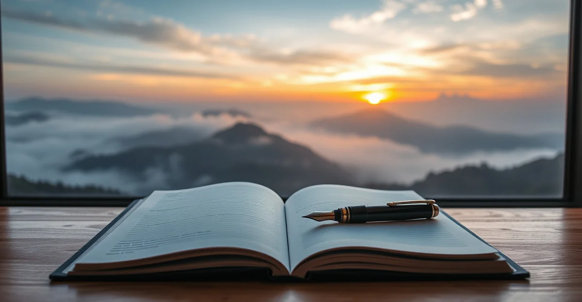 an open journal on a wooden desk with morning light
