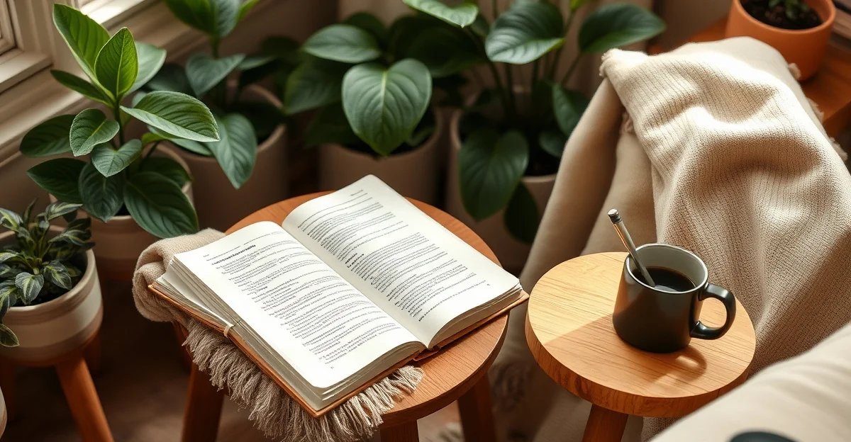 a cozy reading corner with warm blankets and tea