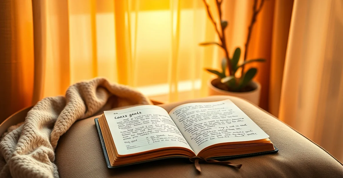 an open journal on a wooden desk with morning light
