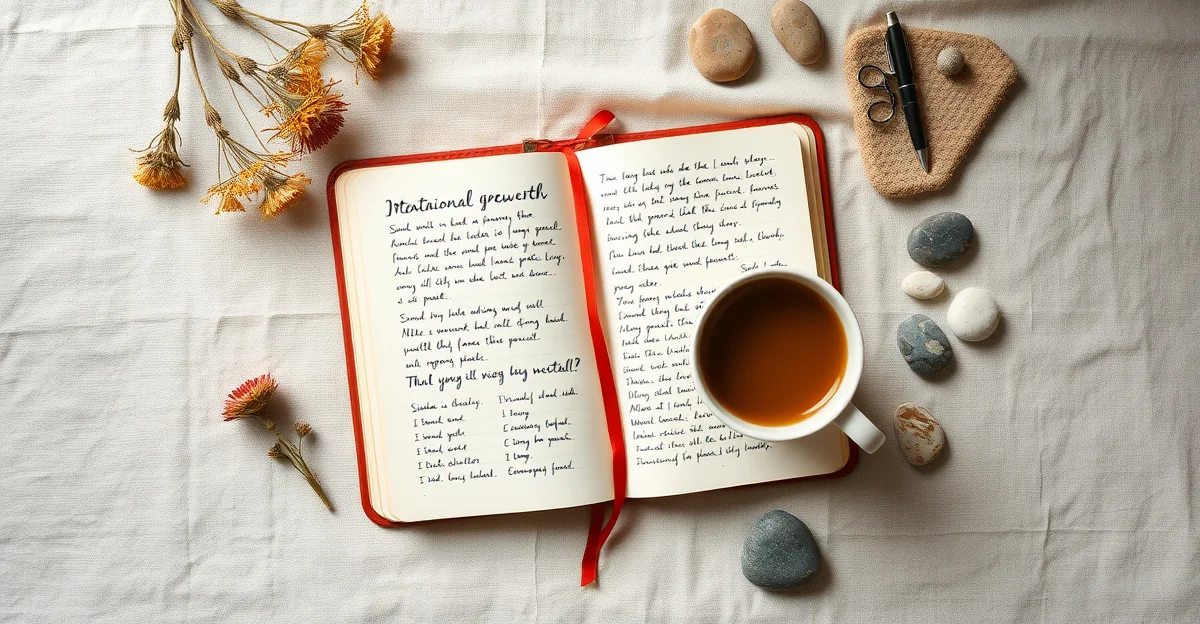 a cozy reading corner with morning tea and a open notebook